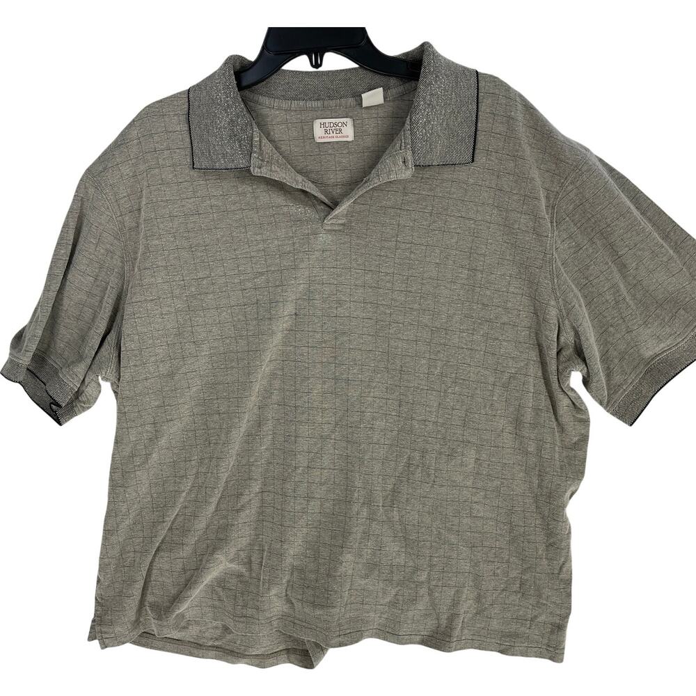Hudson River Polo Shirt Mens XXL Blue Brown Grid Check Short Sleeve Cotton Blend